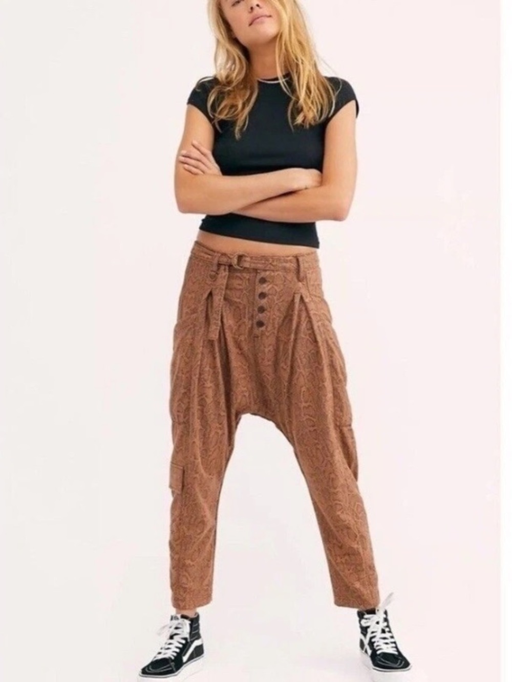 FREE PEOPLE Desert Daze Snakeskin Harem Utility Pants Slouchy Size 12